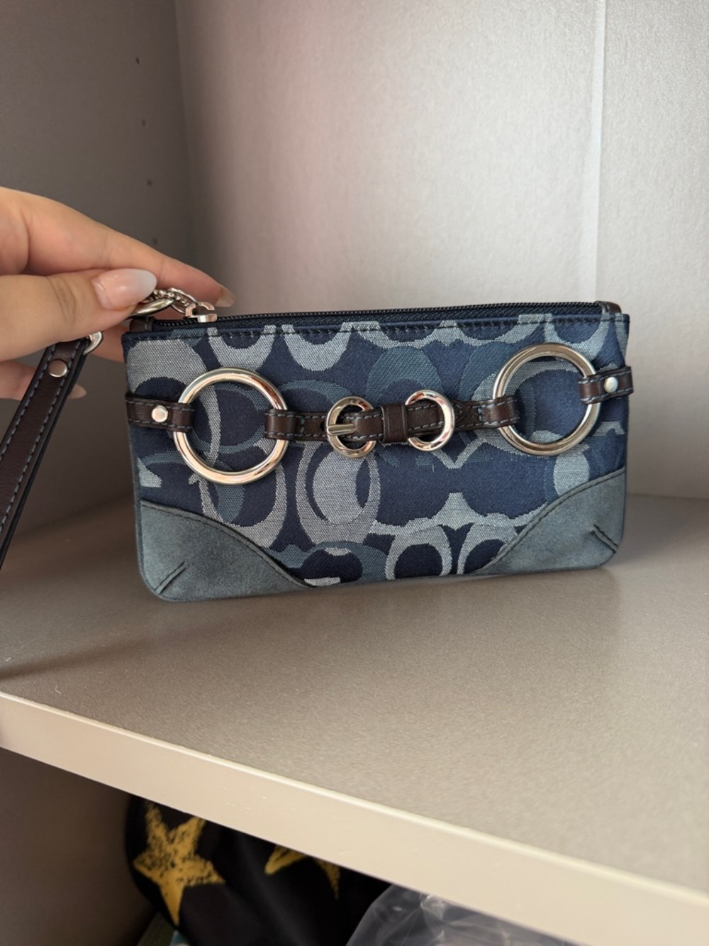 Coach Blue Signature Canvas Wristlet with Silver Rings